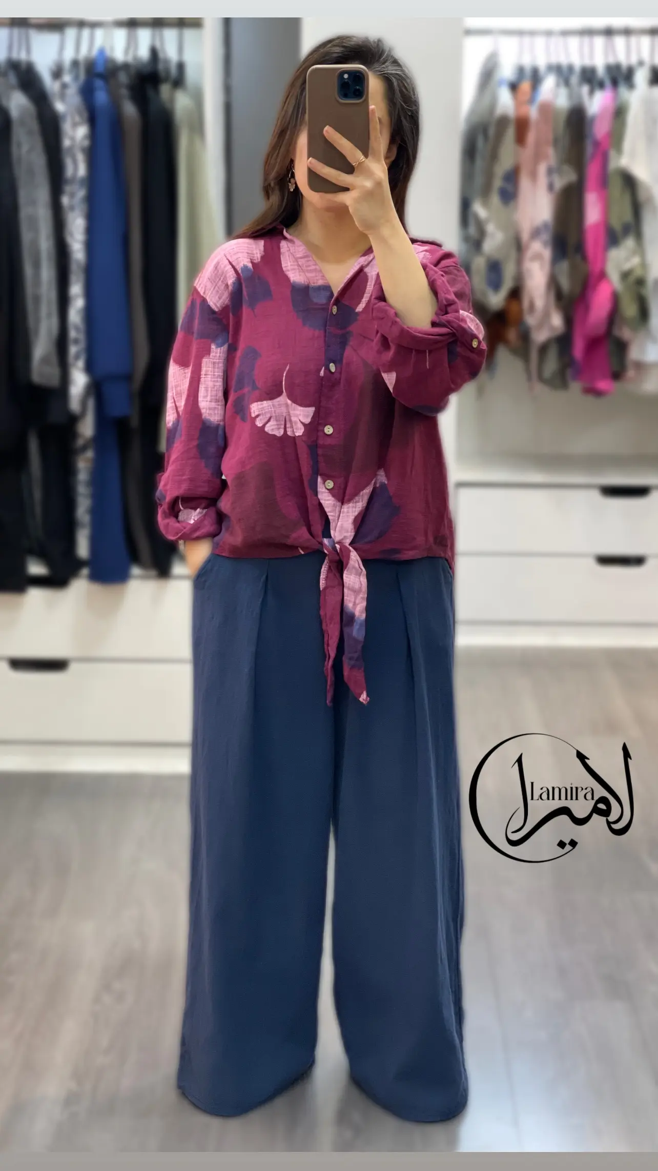 شومیز لینن ایتالیایی جلو گره ای ❌طرح موج